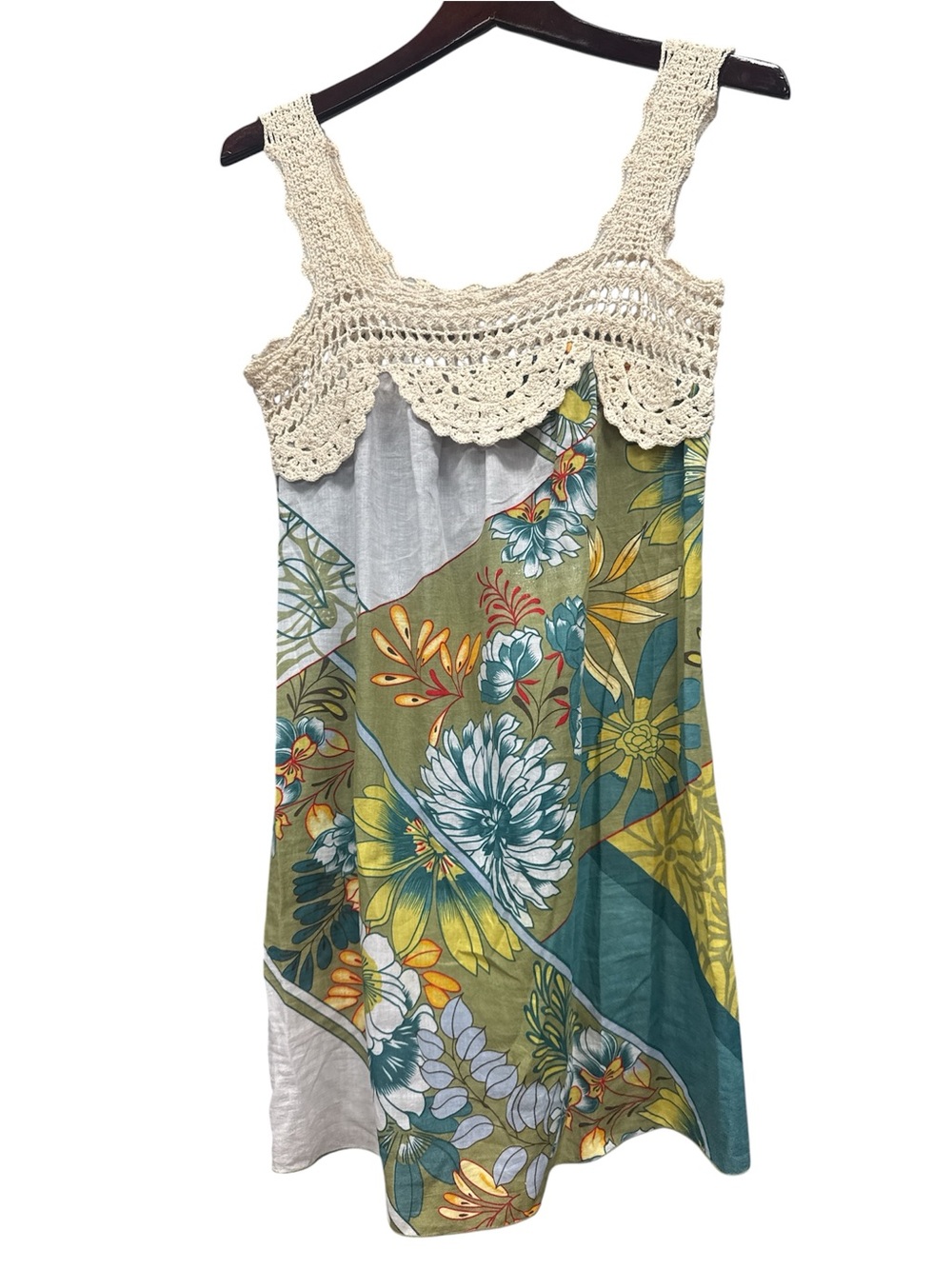 Boho Crochet-Trim Floral Sundress - Cream & Olive